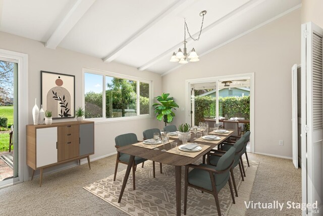 carpeted dining area featuring a notable chandelier, a healthy amount of sunlight, and vaulted ceiling with beams