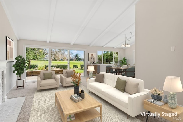 sunroom / solarium featuring a chandelier and lofted ceiling with beams