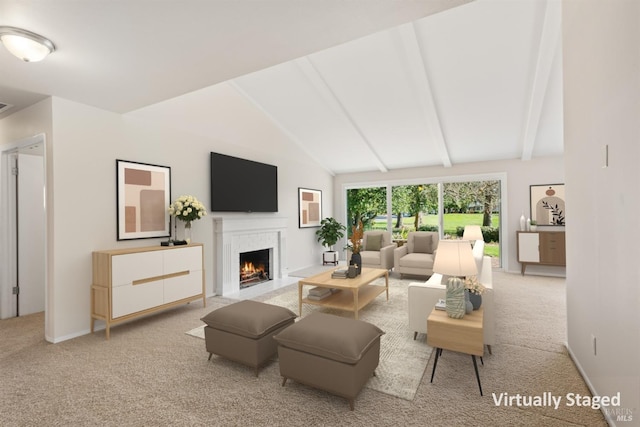 living room with carpet and vaulted ceiling with beams