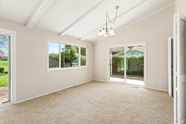 unfurnished room with a notable chandelier, carpet floors, and lofted ceiling with beams