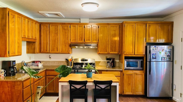 kitchen with stainless steel appliances, sink, a textured ceiling, and light stone counters