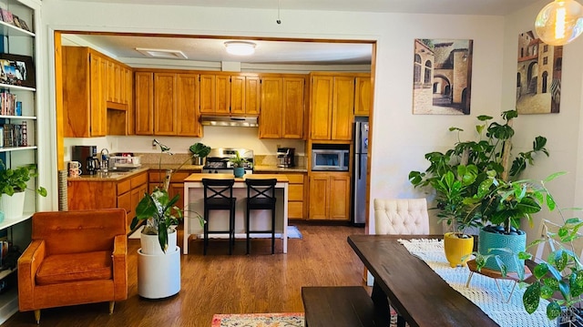 kitchen featuring stainless steel appliances, sink, dark hardwood / wood-style flooring, and decorative light fixtures