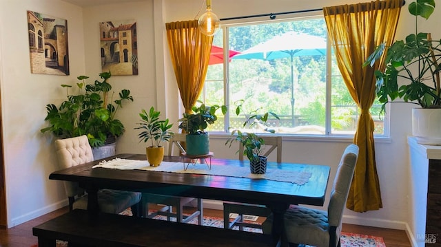 dining space with wood-type flooring