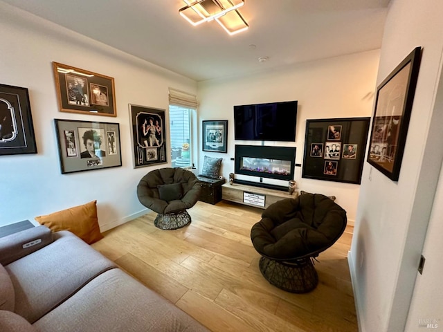 living room featuring a multi sided fireplace and light hardwood / wood-style floors