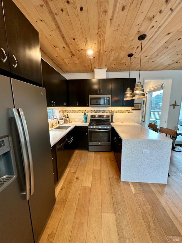 kitchen with pendant lighting, sink, light hardwood / wood-style flooring, and stainless steel appliances