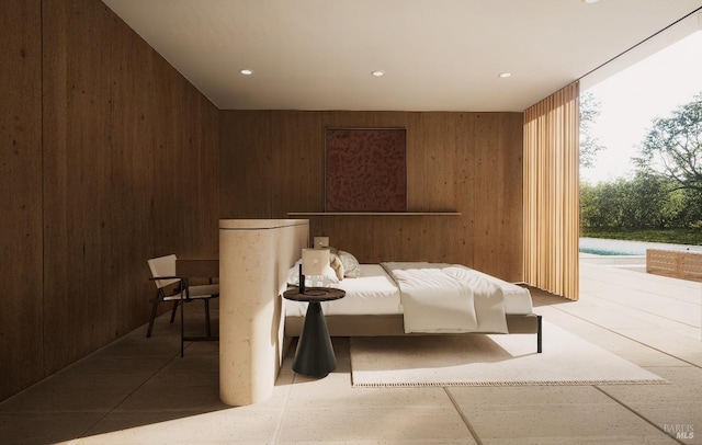 bedroom featuring access to exterior, floor to ceiling windows, and wood walls