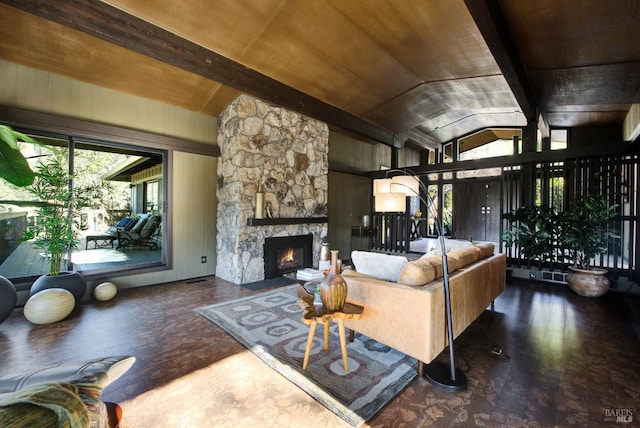 living area with a fireplace, wood finished floors, vaulted ceiling with beams, and wood ceiling