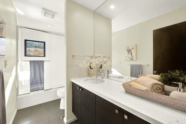 full bathroom featuring  shower combination, toilet, recessed lighting, tile patterned flooring, and vanity