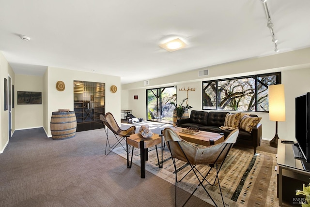 carpeted living room with rail lighting, baseboards, and visible vents