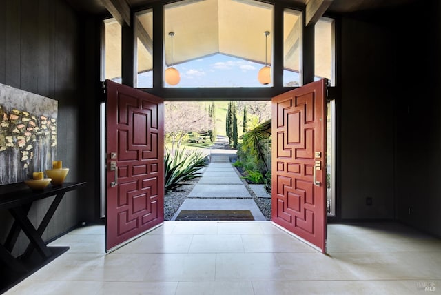 entrance foyer with wood walls