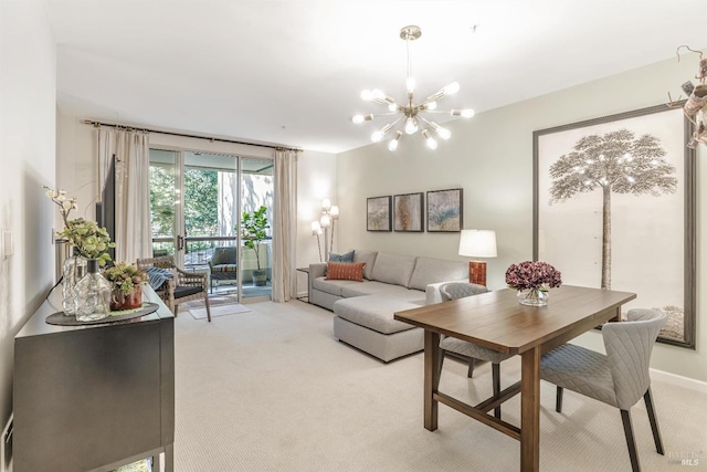 carpeted living room with a notable chandelier