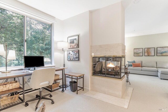 office space featuring light colored carpet, a healthy amount of sunlight, and a multi sided fireplace