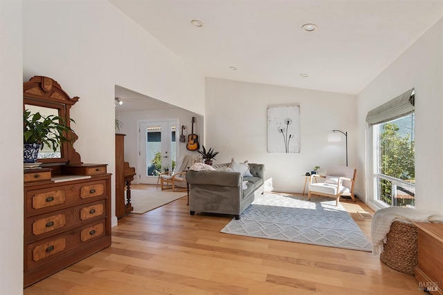 living room with lofted ceiling and light hardwood / wood-style flooring