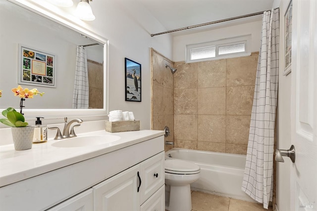 full bathroom with shower / tub combo with curtain, vanity, toilet, and tile patterned flooring