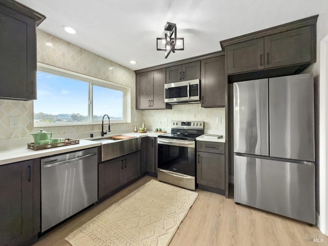 kitchen featuring dark brown cabinetry, sink, tasteful backsplash, light wood-type flooring, and stainless steel appliances