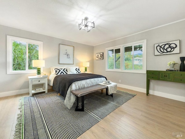 bedroom with baseboards, wood finished floors, and multiple windows