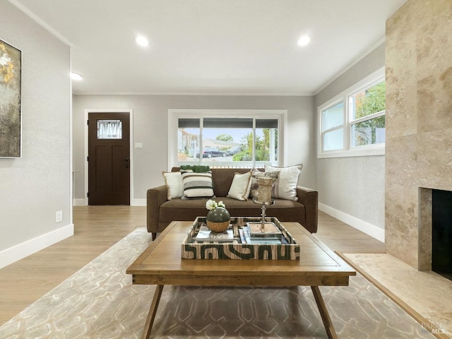 living room with a high end fireplace and light hardwood / wood-style floors