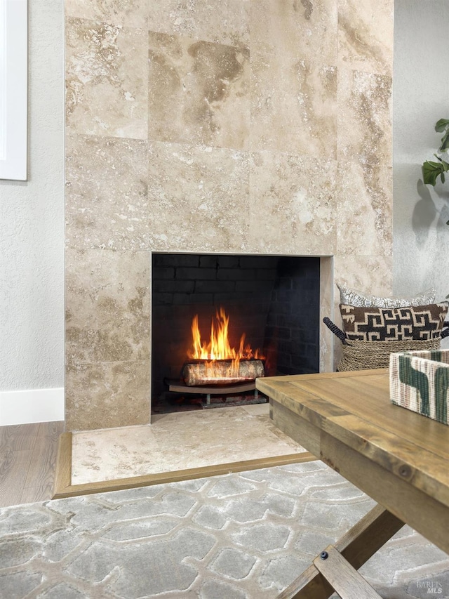 details featuring a fireplace and wood finished floors