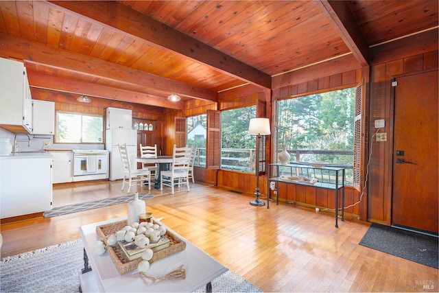 living room with sink, light hardwood / wood-style floors, and wooden ceiling