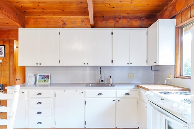 kitchen with white cabinetry, wood ceiling, sink, and white range with electric stovetop