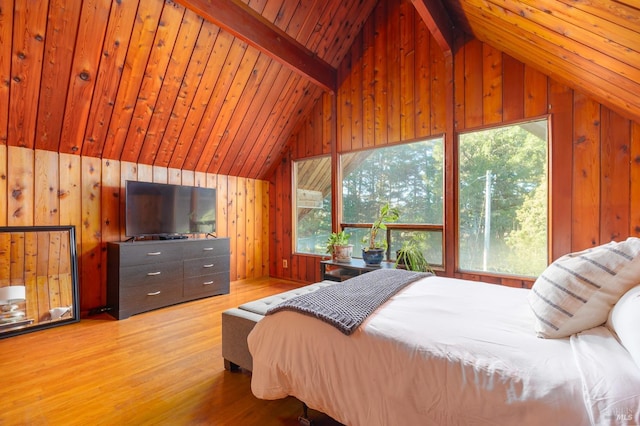 bedroom featuring hardwood / wood-style flooring, wooden ceiling, wooden walls, and vaulted ceiling with beams