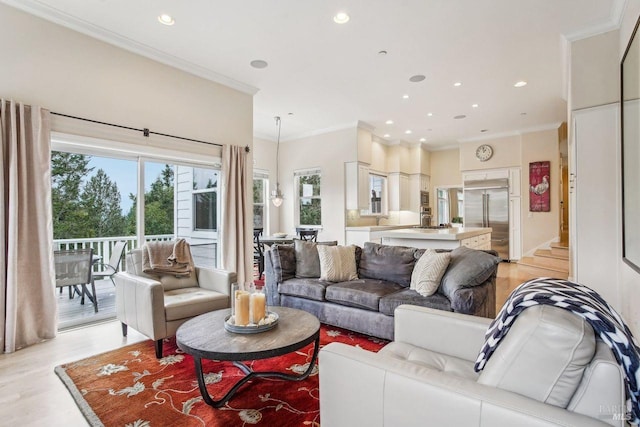 living room featuring crown molding and light hardwood / wood-style floors