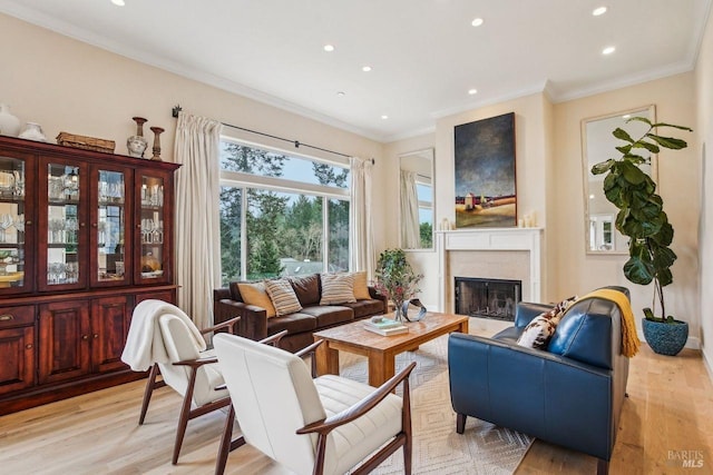 living room featuring crown molding and light hardwood / wood-style flooring