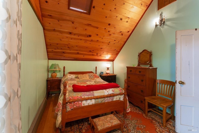 bedroom with wood-type flooring, lofted ceiling, and wooden ceiling