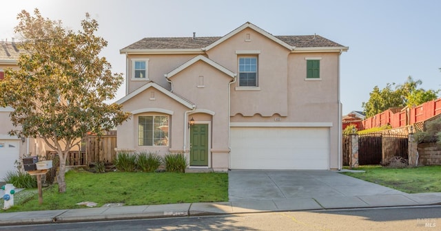 front facade with a garage and a front lawn