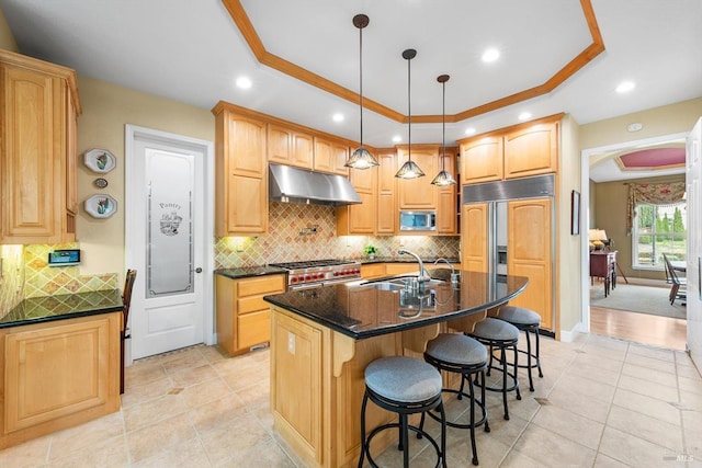 kitchen with a kitchen island with sink, built in appliances, and a tray ceiling