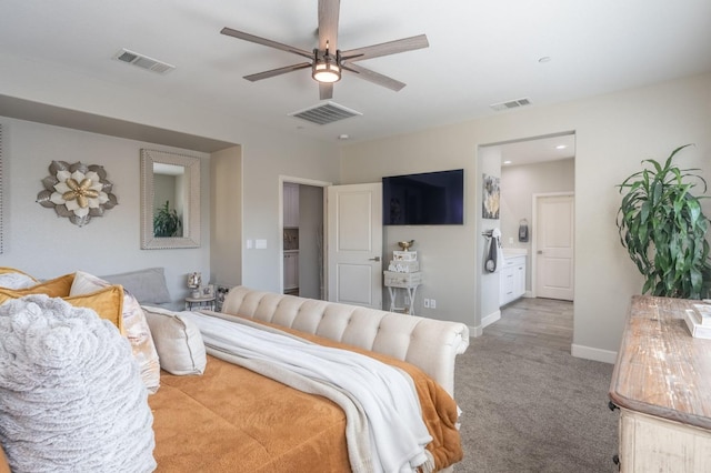 carpeted bedroom with ceiling fan