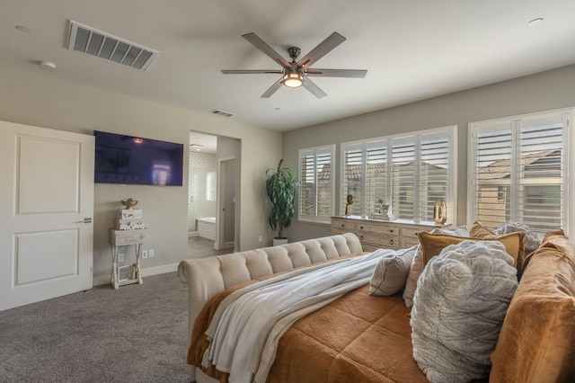 carpeted bedroom featuring connected bathroom and ceiling fan