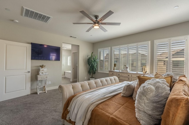 bedroom featuring visible vents, carpet floors, and multiple windows