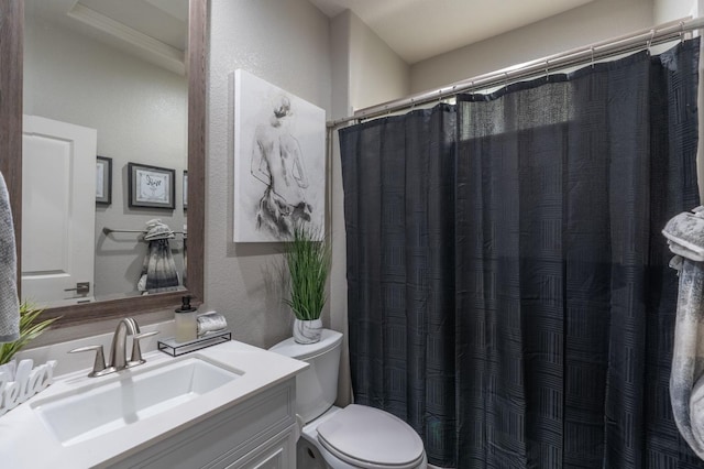 bathroom featuring toilet, a textured wall, and vanity