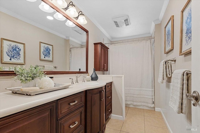 bathroom with a shower with curtain, ornamental molding, tile patterned floors, and vanity