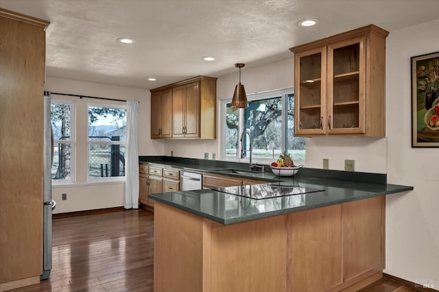 kitchen featuring stainless steel dishwasher, black electric stovetop, kitchen peninsula, and sink