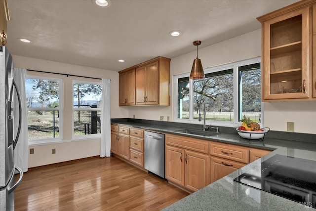 kitchen with sink, a wealth of natural light, light hardwood / wood-style floors, and appliances with stainless steel finishes