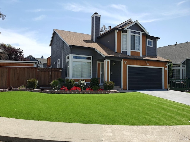 view of front of home with a garage and a front lawn