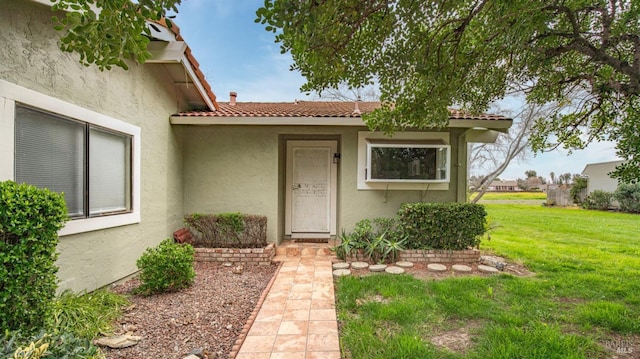 entrance to property with stucco siding, a tiled roof, and a lawn