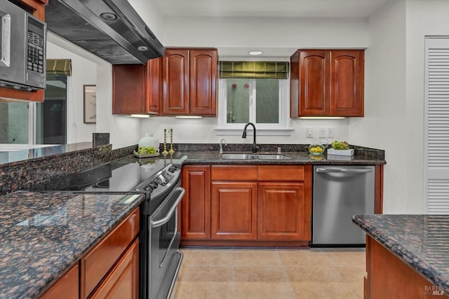 kitchen with appliances with stainless steel finishes, sink, dark stone countertops, and premium range hood