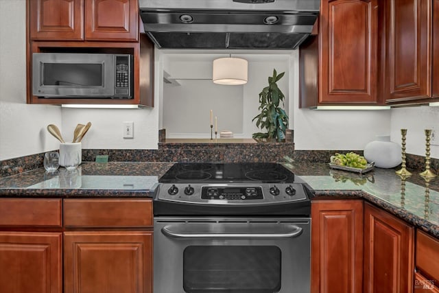 kitchen with stainless steel appliances and dark stone counters