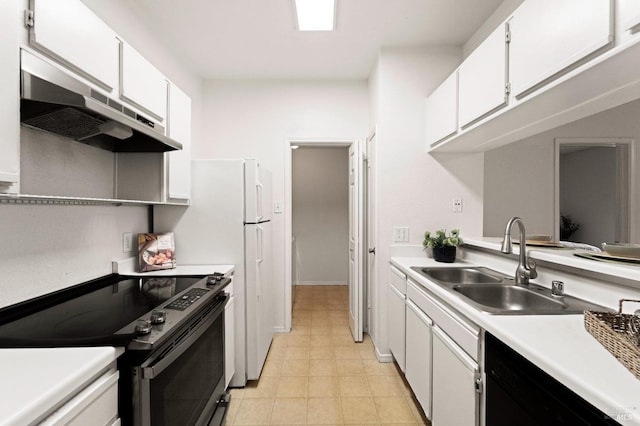 kitchen featuring black dishwasher, sink, stainless steel electric range, and white cabinets