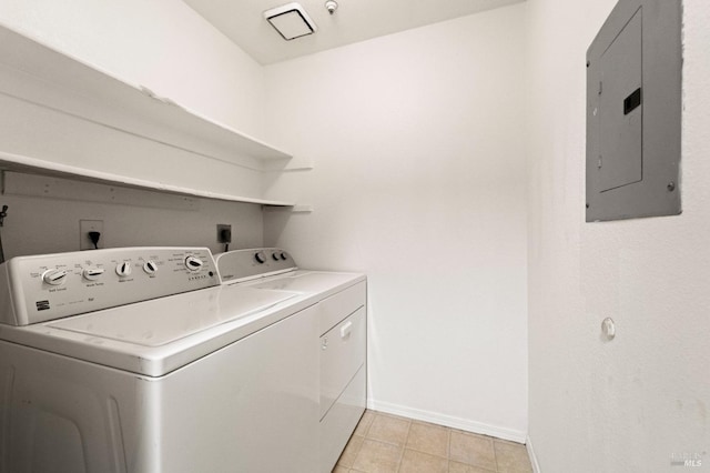 clothes washing area with washing machine and clothes dryer and electric panel