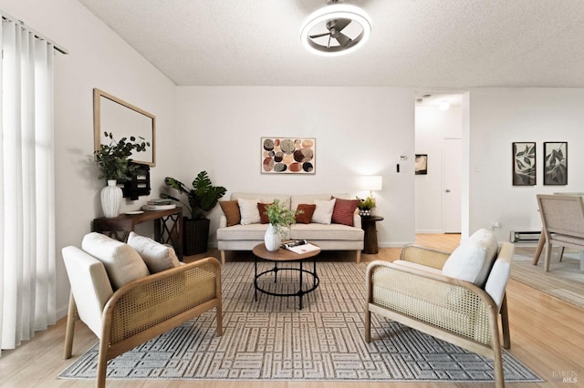 living room with light hardwood / wood-style floors and a textured ceiling