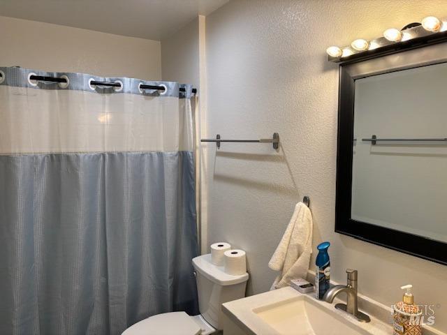 bathroom with sink, toilet, and a shower with shower curtain