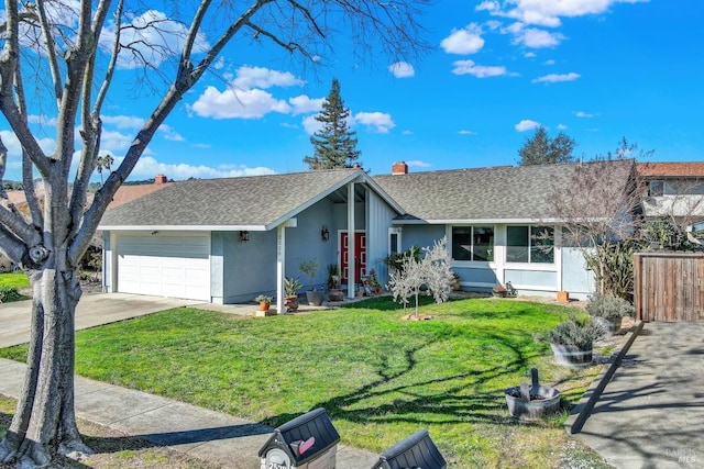 single story home with a garage and a front yard