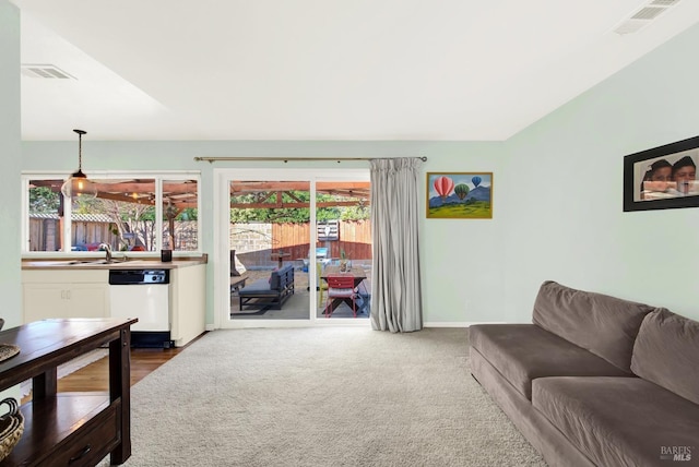 carpeted living room featuring sink and vaulted ceiling