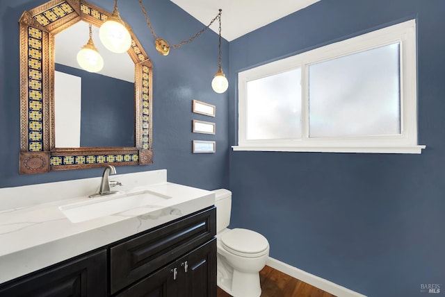 bathroom with vanity, hardwood / wood-style floors, and toilet