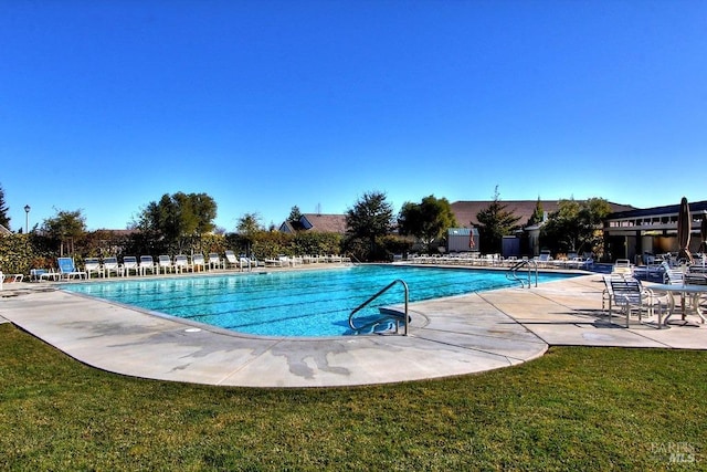 view of swimming pool featuring a lawn and a patio