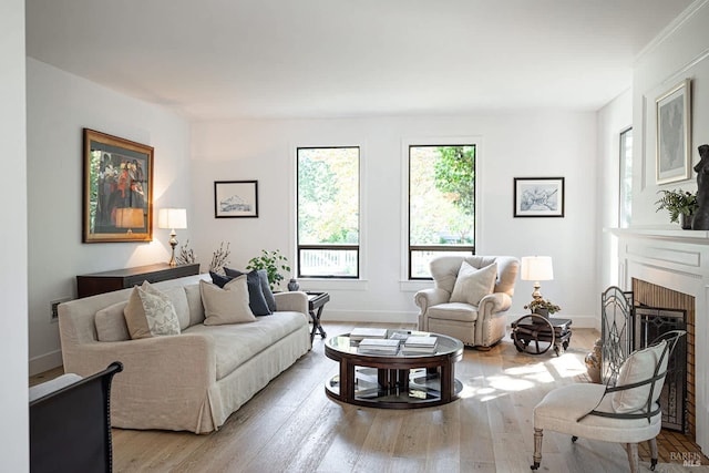 living room with a fireplace and light hardwood / wood-style flooring